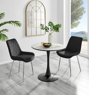 B&Q -  Elina White Marble Effect Round Pedestal Dining Table With Curved Black Support And 2 Black Velvet Pesaro Silver Leg Chairs