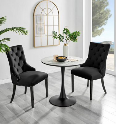 B&Q -  Uk Elina White Marble Effect Round Dining Table & 2 Black Belgravia Black Leg Chairs