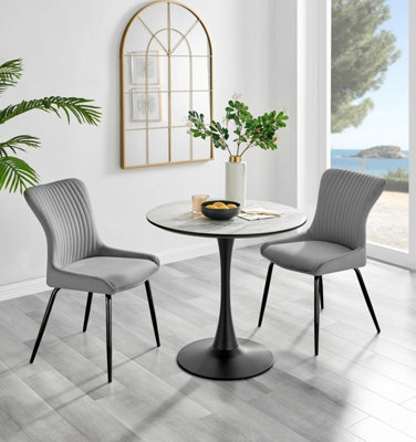 B&Q -  Uk Elina White Marble Effect Round Dining Table & 2 Light Grey Nora Black Leg Chairs