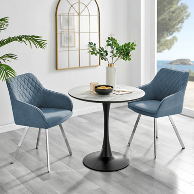 B&Q -  Uk Elina White Marble Effect Round Dining Table & 2 Blue Falun Silver Leg Chairs