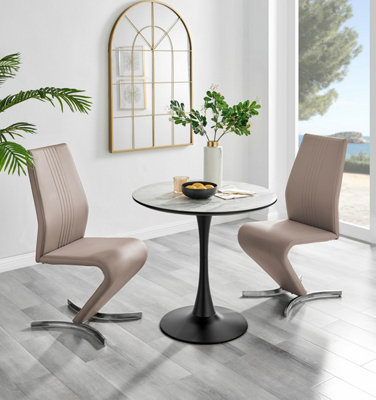 B&Q -  Uk Elina White Marble Effect Round Dining Table & 2 Cappuccino Willow Chairs