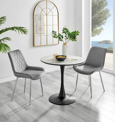 B&Q -  Elina White Marble Effect Round Pedestal Dining Table With Curved Black Support And 2 Grey Velvet Pesaro Silver Leg Chairs