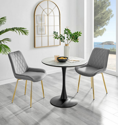 B&Q -  Elina White Marble Effect Round Pedestal Dining Table With Curved Black Support And 2 Grey Velvet Pesaro Gold Leg Chairs