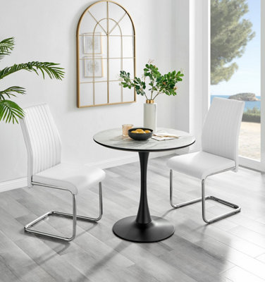 Furniturebox Elina Marble Effect Round Pedestal Dining Table With Curved Support And 2 Faux Leather Lorenzo Chairs White/Black