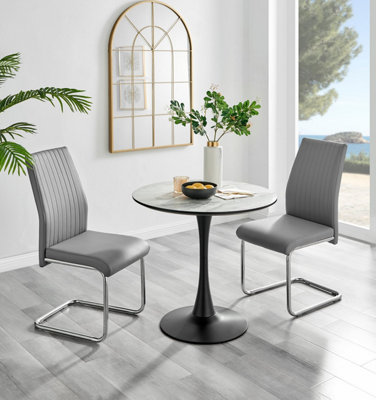 B&Q -  Elina White Marble Effect Round Pedestal Dining Table With Curved Black Support And 2 Grey Faux Leather Lorenzo Chairs