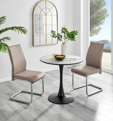 Furniturebox Elina Marble Effect Round Pedestal Dining Table With Curved Support And 2 Cappuccino Faux Leather Lorenzo Chairs White/Black
