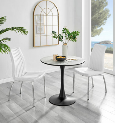 B&Q -  Uk Elina White Marble Effect Round Dining Table & 2 White Isco Chairs