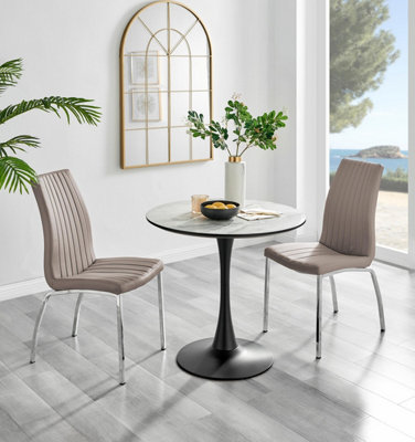 B&Q -  Uk Elina White Marble Effect Round Dining Table & 2 Cappuccino Isco Chairs