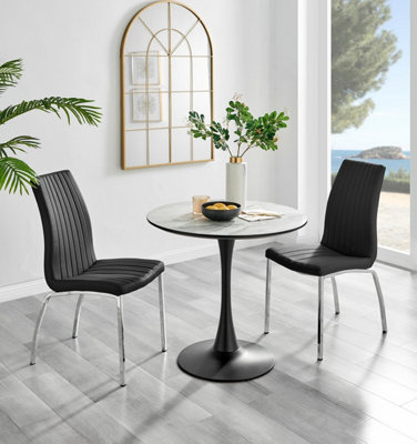 B&Q -  Uk Elina White Marble Effect Round Dining Table & 2 Black Isco Chairs