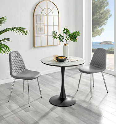 B&Q -  Elina White Marble Effect Round Pedestal Dining Table With Curved Black Support And 2 Grey Faux Leather Corona Silver Leg Chairs