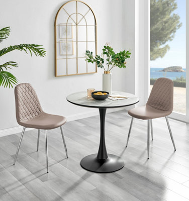 B&Q -  Elina White Marble Effect Round Pedestal Dining Table With Curved Black Support And 2 Cappuccino Leather Corona Silver Leg Chairs