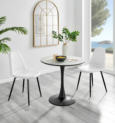 Furniturebox Elina Marble Effect Round Pedestal Dining Table With Curved Support And 2 Faux Leather Corona Leg Chairs White/Black