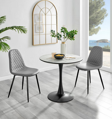 B&Q -  Elina White Marble Effect Round Pedestal Dining Table With Curved Black Support And 2 Grey Faux Leather Corona Black Leg Chairs