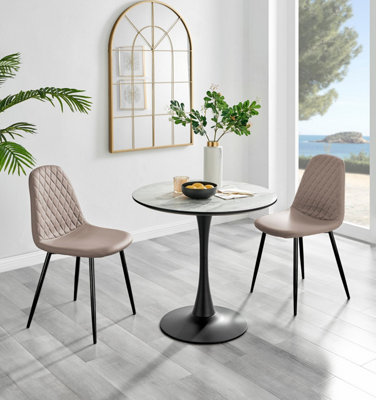 B&Q -  Elina White Marble Effect Round Pedestal Dining Table With Curved Black Support And 2 Cappuccino Leather Corona Black Leg Chairs