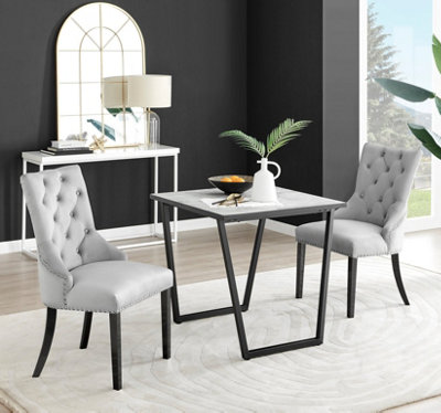 B&Q -  Carson Small 2 Seater White Marble Effect Square Scratch Resistant Dining Table With 2 Grey Belgravia Velvet Black Leg Chairs