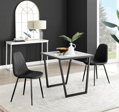 B&Q -  Carson Small 2 Seater White Marble Effect Square Scratch Resistant Dining Table With 2 Black Corona Faux Leather Black Leg Chairs