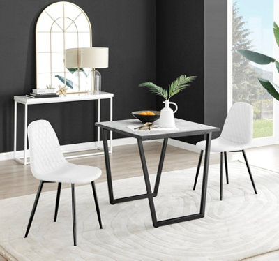Furniturebox Carson Small 2 Seater Marble Effect Square Scratch Resistant Dining Table With 2 Corona Faux Leather Leg Chairs White/Black