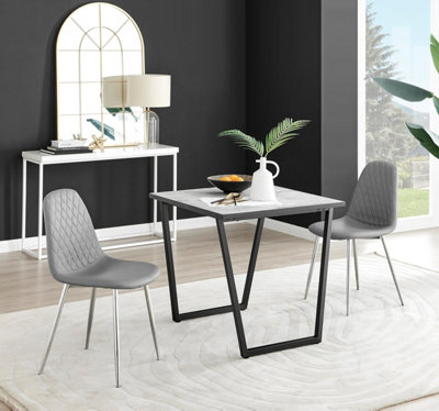 B&Q -  Uk Carson White Marble Effect Square Dining Table & 2 Grey Corona Silver Chairs