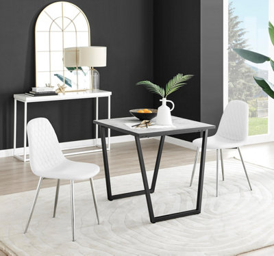 B&Q -  Uk Carson White Marble Effect Square Dining Table & 2 White Corona Silver Chairs