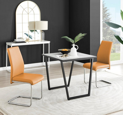 B&Q -  Uk Carson White Marble Effect Square Dining Table & 2 Mustard Lorenzo Chairs