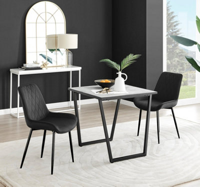 Furniturebox Carson Small 2 Seater Marble Effect Square Scratch Resistant Dining Table With 2 Pesaro Velvet Leg Chairs White/Black