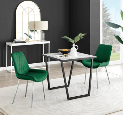 Furniturebox Uk Carson White Marble Effect Square Dining Table & 2 Green Pesaro Silver Chairs from B&Q
