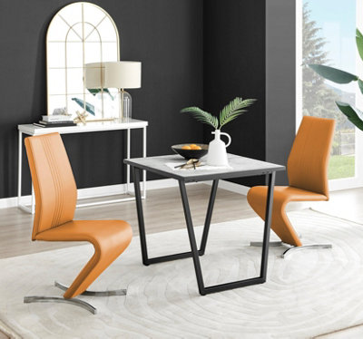 B&Q -  Uk Carson White Marble Effect Square Dining Table & 2 Mustard Willow Chairs