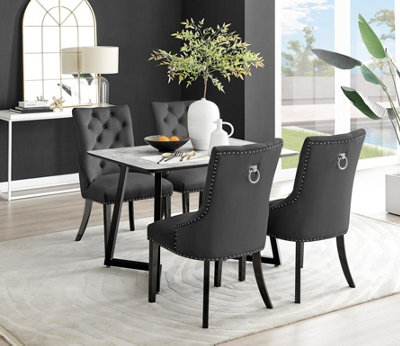 Furniturebox Carson 4 Seater Marble Effect Rectangular Scratch Resistant Dining Table With 4 Belgravia Velvet Leg Chairs White/Black