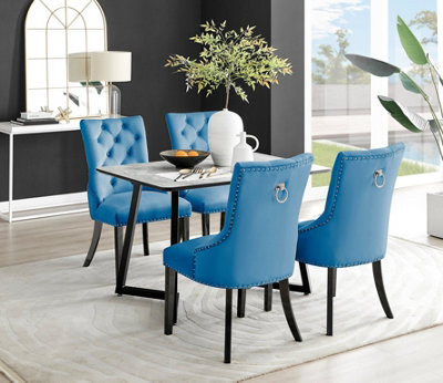 Furniturebox Carson 4 Seater Marble Effect Rectangular Scratch Resistant Dining Table With 4 Belgravia Velvet Leg Chairs White/Blue/Black