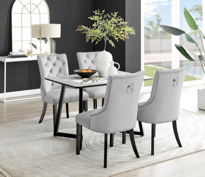 Furniturebox Carson 4 Seater Marble Effect Rectangular Scratch Resistant Dining Table With 4 Belgravia Velvet Leg Chairs White/Grey/Black
