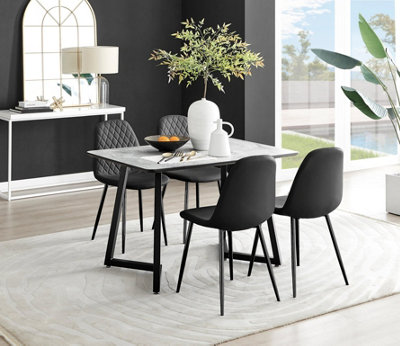 Furniturebox Carson 4 Seater Marble Effect Rectangular Scratch Resistant Dining Table With 4 Corona Faux Leather Leg Chairs White/Black