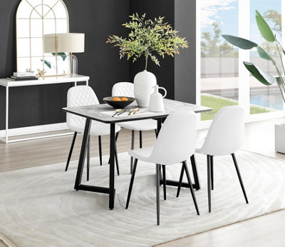 Furniturebox Carson 4 Seater Marble Effect Rectangular Scratch Resistant Dining Table With 4 Corona Faux Leather Leg Chairs White/Black