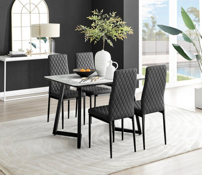 Furniturebox Carson 4 Seater Marble Effect Rectangular Scratch Resistant Dining Table With 4 Milan Faux Leather Leg Chairs White/Black