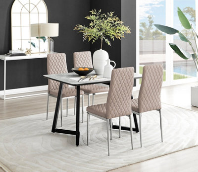 Furniturebox Uk Carson Marble Effect Dining Table & 4 Cappuccino Milan Chrome Leg Chairs White
