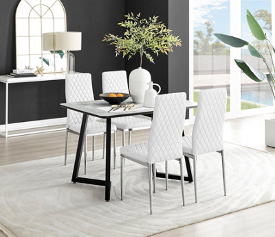 B&Q -  Uk Carson White Marble Effect Dining Table & 4 White Milan Chrome Leg Chairs