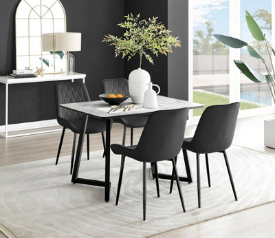 B&Q -  Carson 4 Seater White Marble Effect Rectangular Scratch Resistant Dining Table With 4 Black Pesaro Velvet Black Leg Chairs