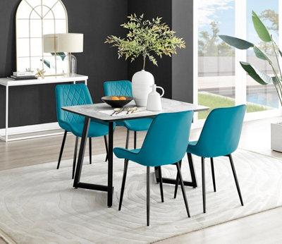 B&Q -  Carson 4 Seater White Marble Effect Rectangular Scratch Resistant Dining Table With 4 Blue Pesaro Velvet Black Leg Chairs