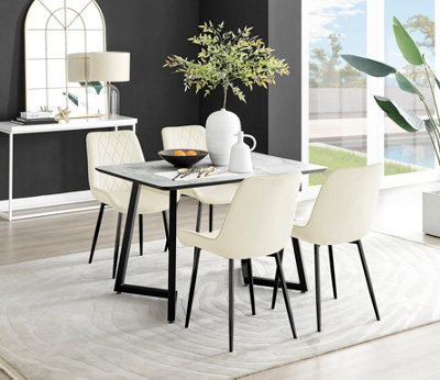 B&Q -  Carson 4 Seater White Marble Effect Rectangular Scratch Resistant Dining Table With 4 Cream Pesaro Velvet Black Leg Chairs