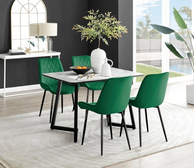 B&Q -  Carson 4 Seater White Marble Effect Rectangular Scratch Resistant Dining Table With 4 Green Pesaro Velvet Black Leg Chairs