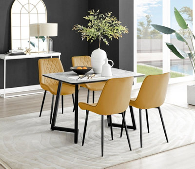 B&Q -  Carson 4 Seater White Marble Effect Rectangular Scratch Resistant Dining Table With 4 Mustard Pesaro Velvet Black Leg Chairs