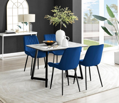 Furniturebox Carson 4 Seater White Marble Effect Rectangular Scratch Resistant Dining Table With 4 Navy Pesaro Velvet Black Leg Chairs from B&Q