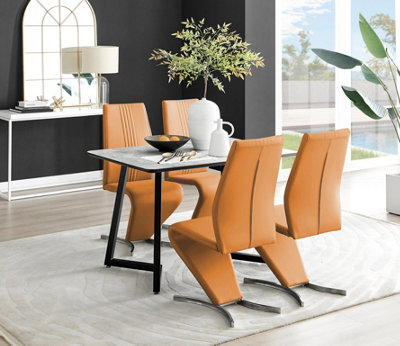 Furniturebox Uk Carson Marble Effect Dining Table & 4 Mustard Willow Chairs White