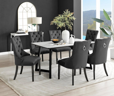 Furniturebox Carson 6 Seater Marble Effect Rectangular Scratch Resistant Dining Table With 6 Belgravia Velvet Leg Chairs White/Black
