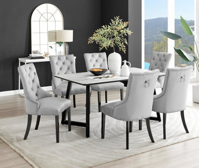 Furniturebox Carson 6 Seater Marble Effect Rectangular Scratch Resistant Dining Table With 6 Belgravia Velvet Leg Chairs White/Grey/Black