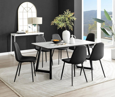Furniturebox Carson 6 Seater Marble Effect Rectangular Scratch Resistant Dining Table With 6 Corona Faux Leather Leg Chairs White/Black
