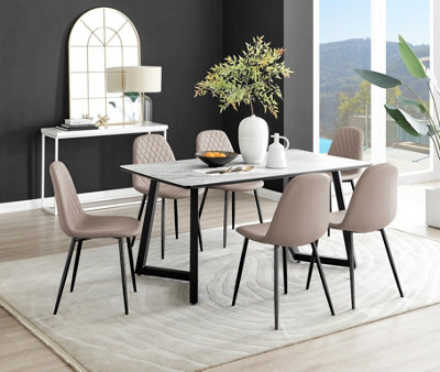 B&Q -  Carson 6 Seater White Marble Effect Rectangular Scratch Resistant Dining Table With 6 Beige Corona Faux Leather Black Leg Chairs