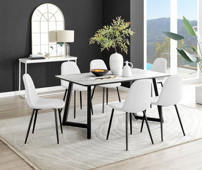 Furniturebox Carson 6 Seater Marble Effect Rectangular Scratch Resistant Dining Table With 6 Corona Faux Leather Leg Chairs White/Black