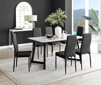 B&Q -  Carson 6 Seater White Marble Effect Rectangular Scratch Resistant Dining Table With 6 Black Milan Faux Leather Black Leg Chairs