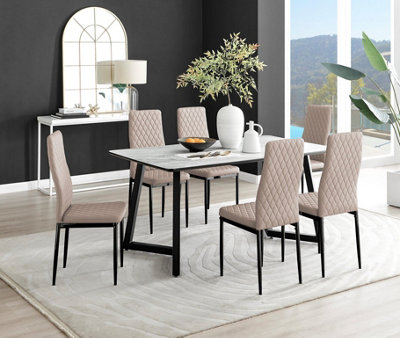 B&Q -  Carson 6 Seater White Marble Effect Rectangular Scratch Resistant Dining Table With 6 Beige Milan Faux Leather Black Leg Chairs