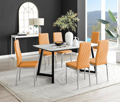 B&Q -  Uk Carson White Marble Effect Dining Table & 6 Mustard Milan Chrome Leg Chairs